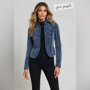 Free People Washed Cord Velvet Band  Military Jacket In Washed Blue Size S